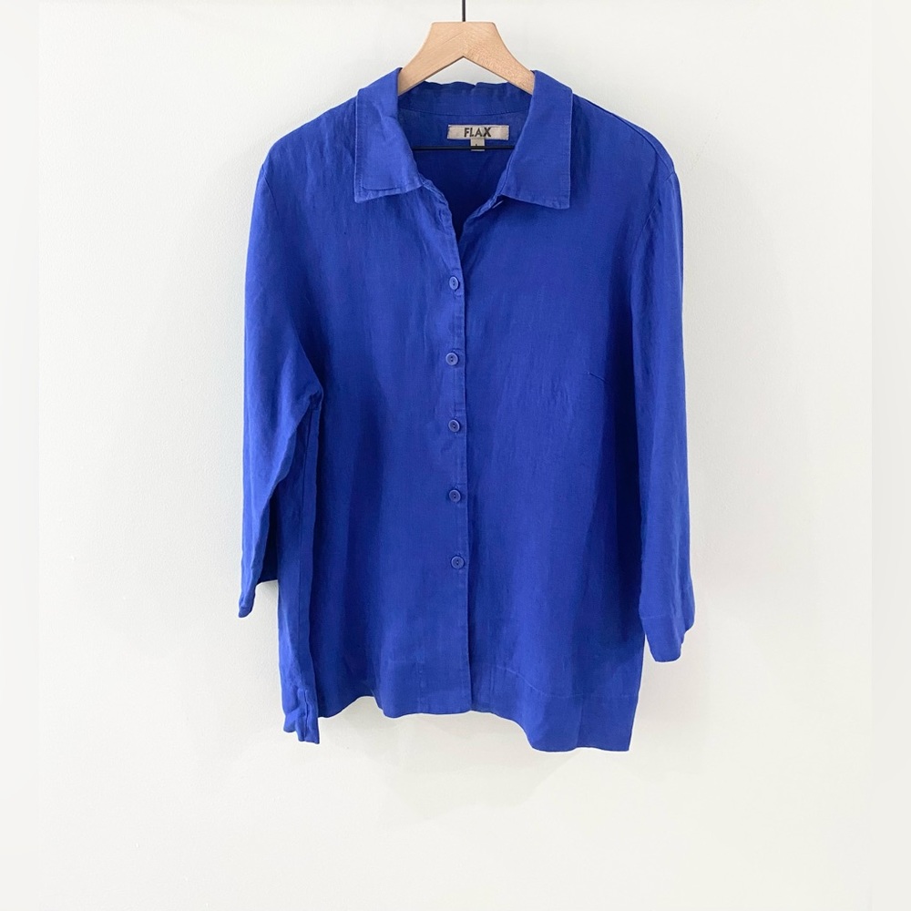 Flax Button Front Collared Linen Tunic Blue Size Large